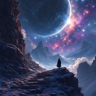 The primary subject of the image is a person standing on a rocky hill, overlooking a beautiful landscape. The setting includes a mountain range, a moon, and a sky filled with stars. The visual style of the image is digital art, creating a surreal and dreamy atmosphere. The dominant colors in the scene are shades of blue, purple, and white, which contribute to the serene and peaceful mood of the image.